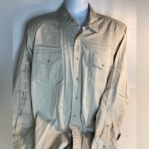Mwg apparel mens tan western embroidered pearl snap long sleeve shirt large.